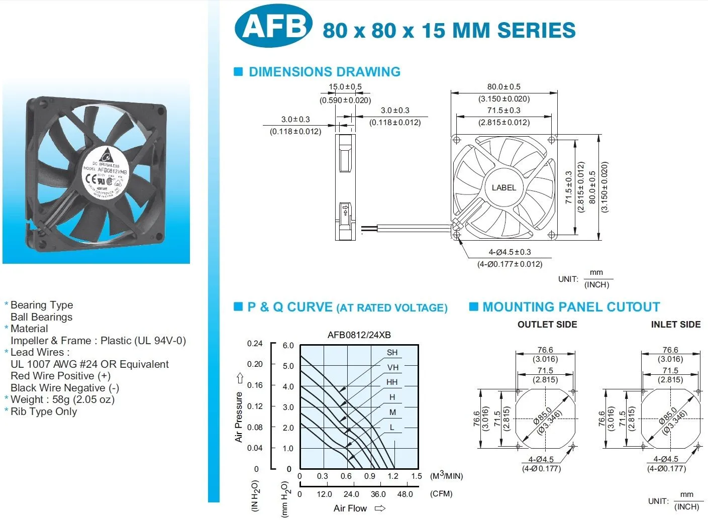 Delta AFB0812HB DC12V 2wire 0.20A Ball Bearing Fan Delta AFB0812HB DC12V 2wire 0.20A Ball Bearing Fan