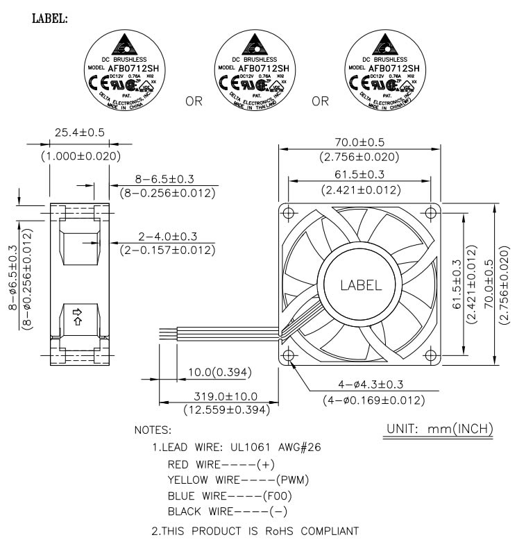 AFB0712SH X02 Delta DC12V 0.76A cooling fan